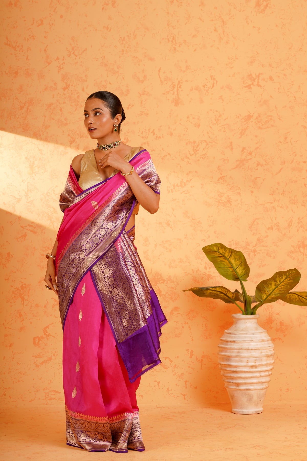 Pure handloom katan silk rani pink banarasi zari saree – handwoven kadhua booti silk with rich zari border