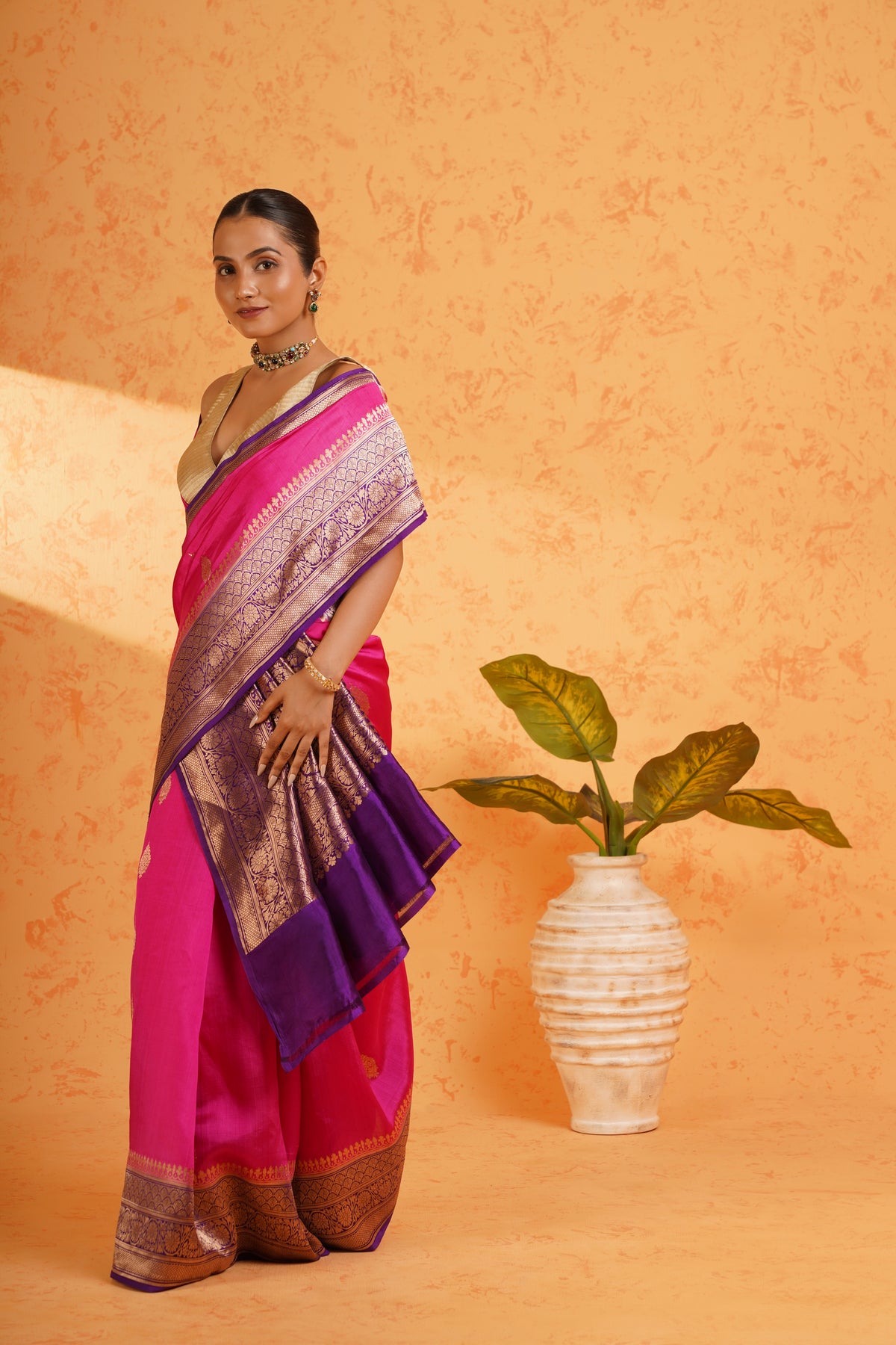 Pure handloom katan silk rani pink banarasi zari saree – handwoven kadhua booti silk with rich zari border