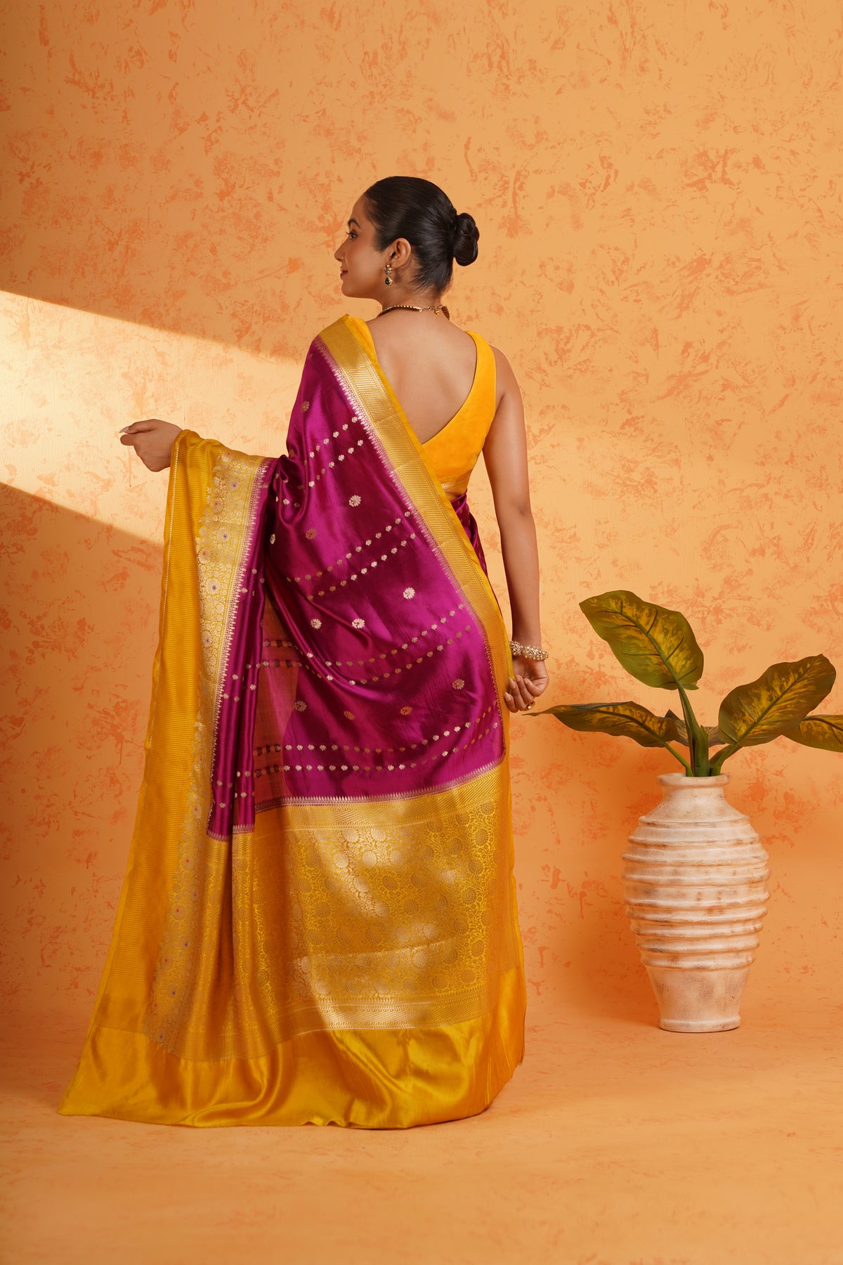 Pure Mango Silk Magenta Zari Saree – Handwoven Banarasi Cutwork Silk with Vertical Stripe Design