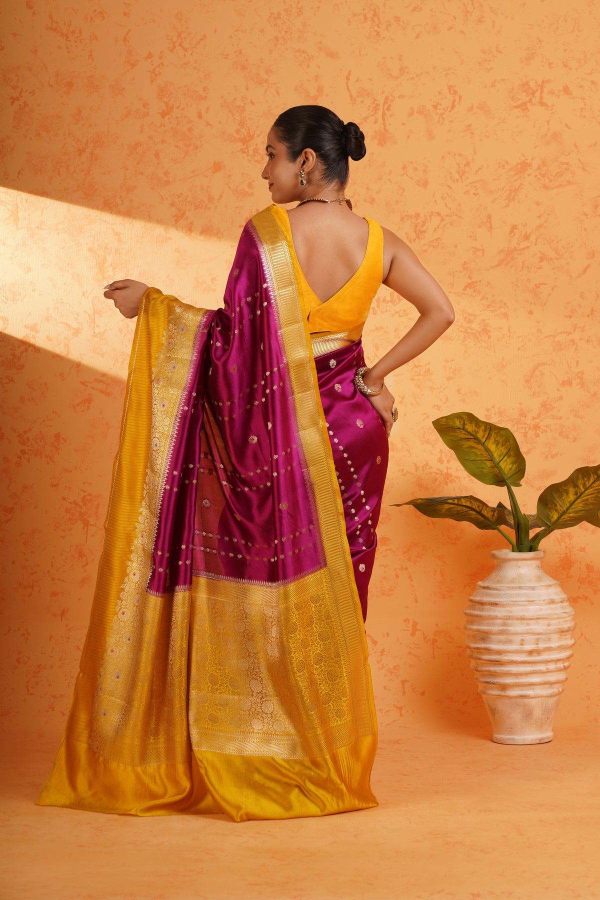 Pure Mango Silk Magenta Zari Saree – Handwoven Banarasi Cutwork Silk with Vertical Stripe Design