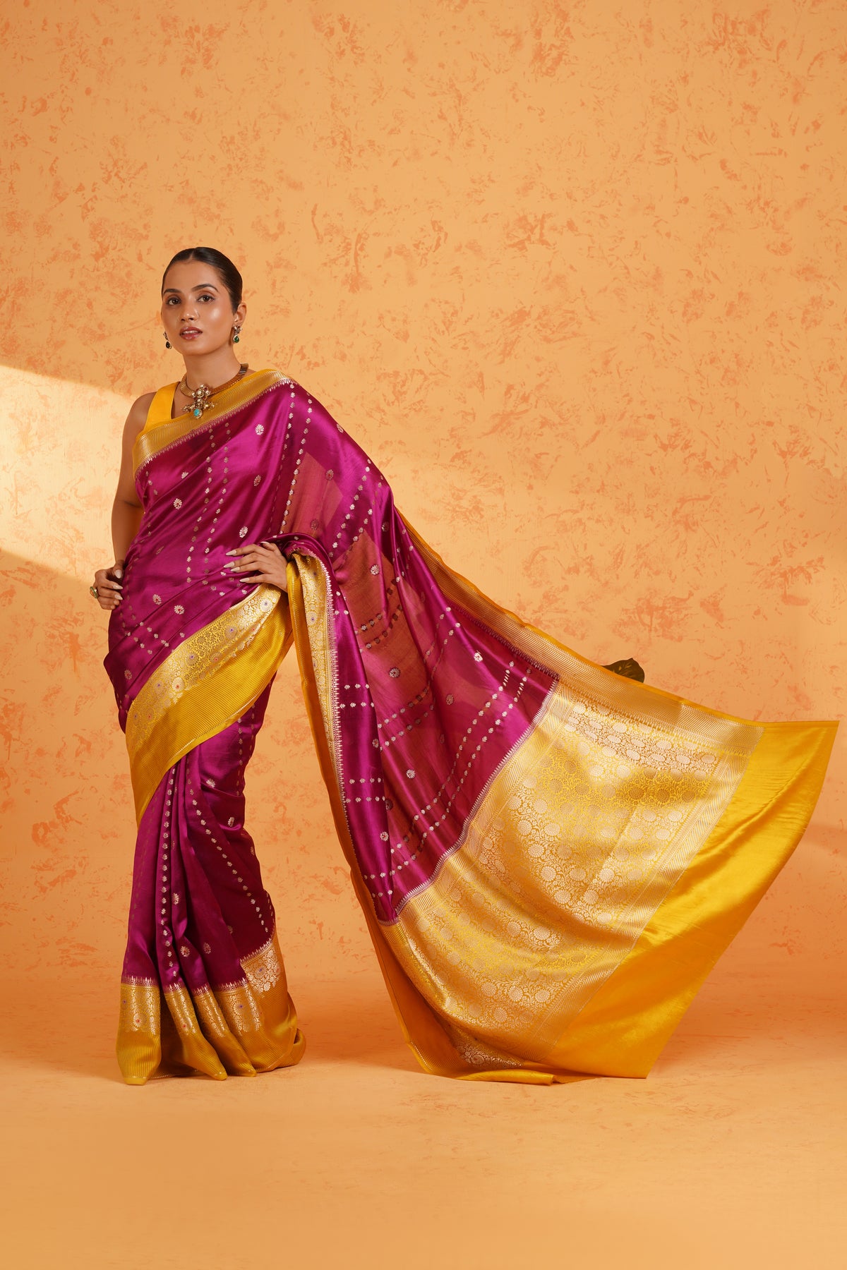 Pure Mango Silk Magenta Zari Saree – Handwoven Banarasi Cutwork Silk with Vertical Stripe Design