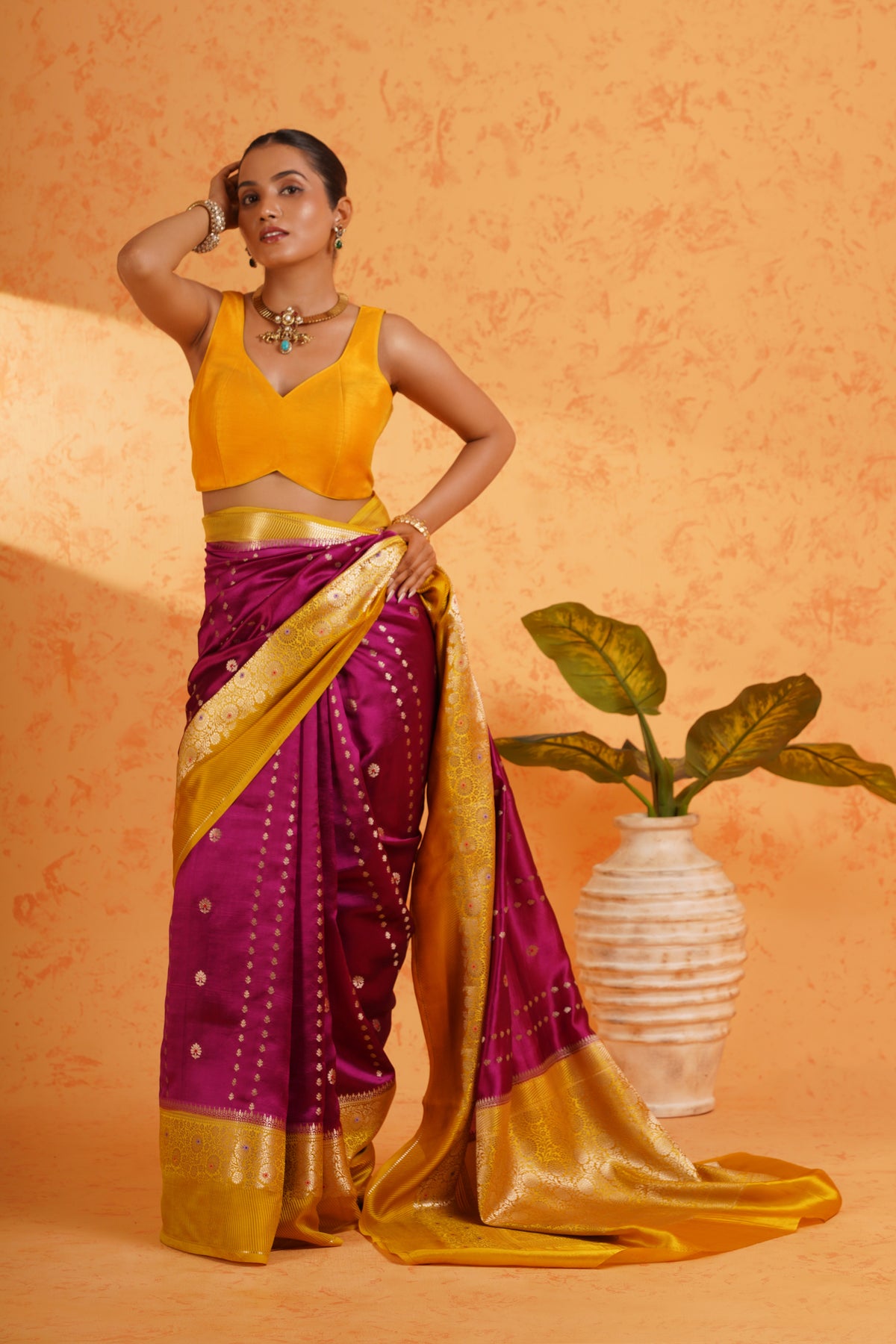 Pure Mango Silk Magenta Zari Saree – Handwoven Banarasi Cutwork Silk with Vertical Stripe Design