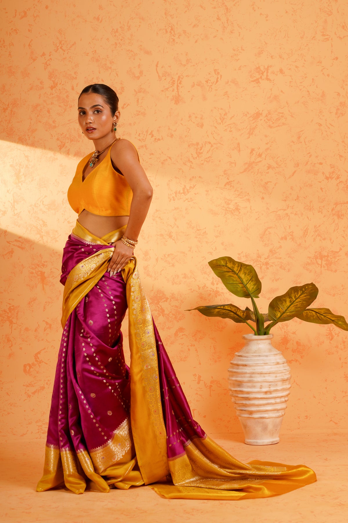 Pure Mango Silk Magenta Zari Saree – Handwoven Banarasi Cutwork Silk with Vertical Stripe Design