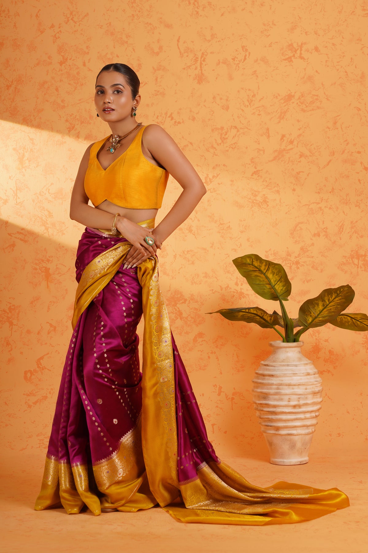 Pure Mango Silk Magenta Zari Saree – Handwoven Banarasi Cutwork Silk with Vertical Stripe Design