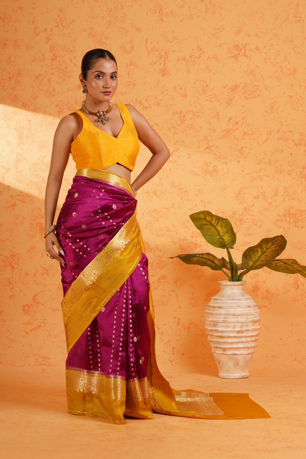Pure Mango Silk Magenta Zari Saree – Handwoven Banarasi Cutwork Silk with Vertical Stripe Design