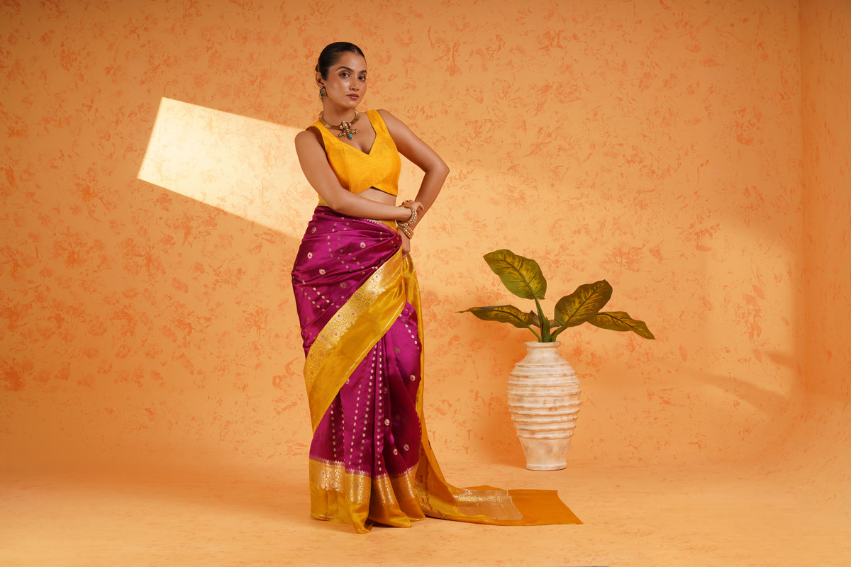 Pure Mango Silk Magenta Zari Saree – Handwoven Banarasi Cutwork Silk with Vertical Stripe Design