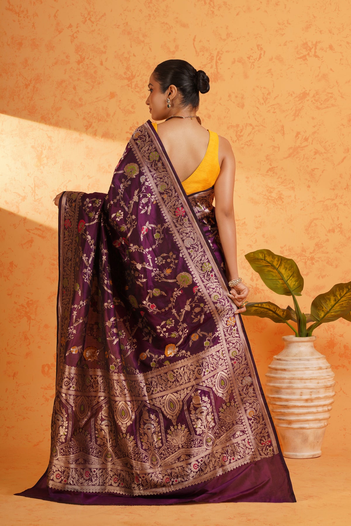 Pure Katan Silk Purple Jungla Meenakari Banarasi Saree – Handwoven Zari Floral Silk with Rich Brocade Pallu