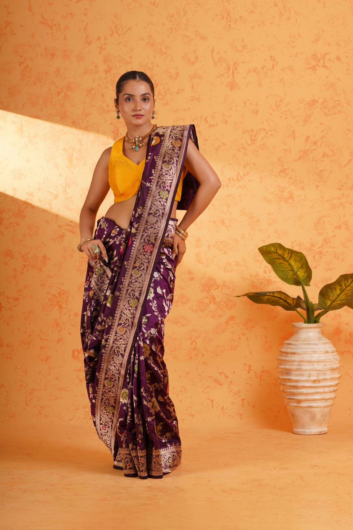 Pure Katan Silk Purple Jungla Meenakari Banarasi Saree – Handwoven Zari Floral Silk with Rich Brocade Pallu