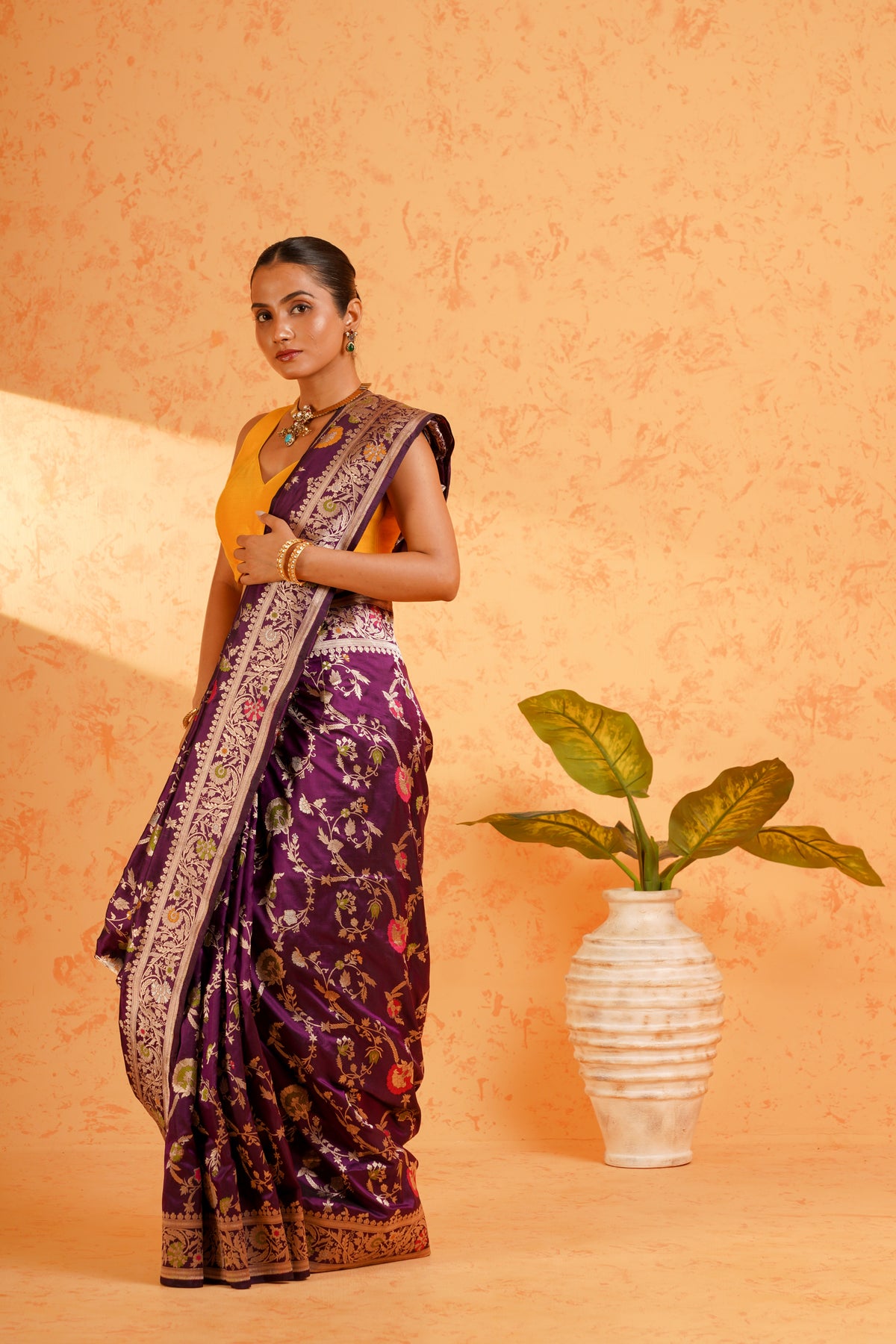 Pure Katan Silk Purple Jungla Meenakari Banarasi Saree – Handwoven Zari Floral Silk with Rich Brocade Pallu