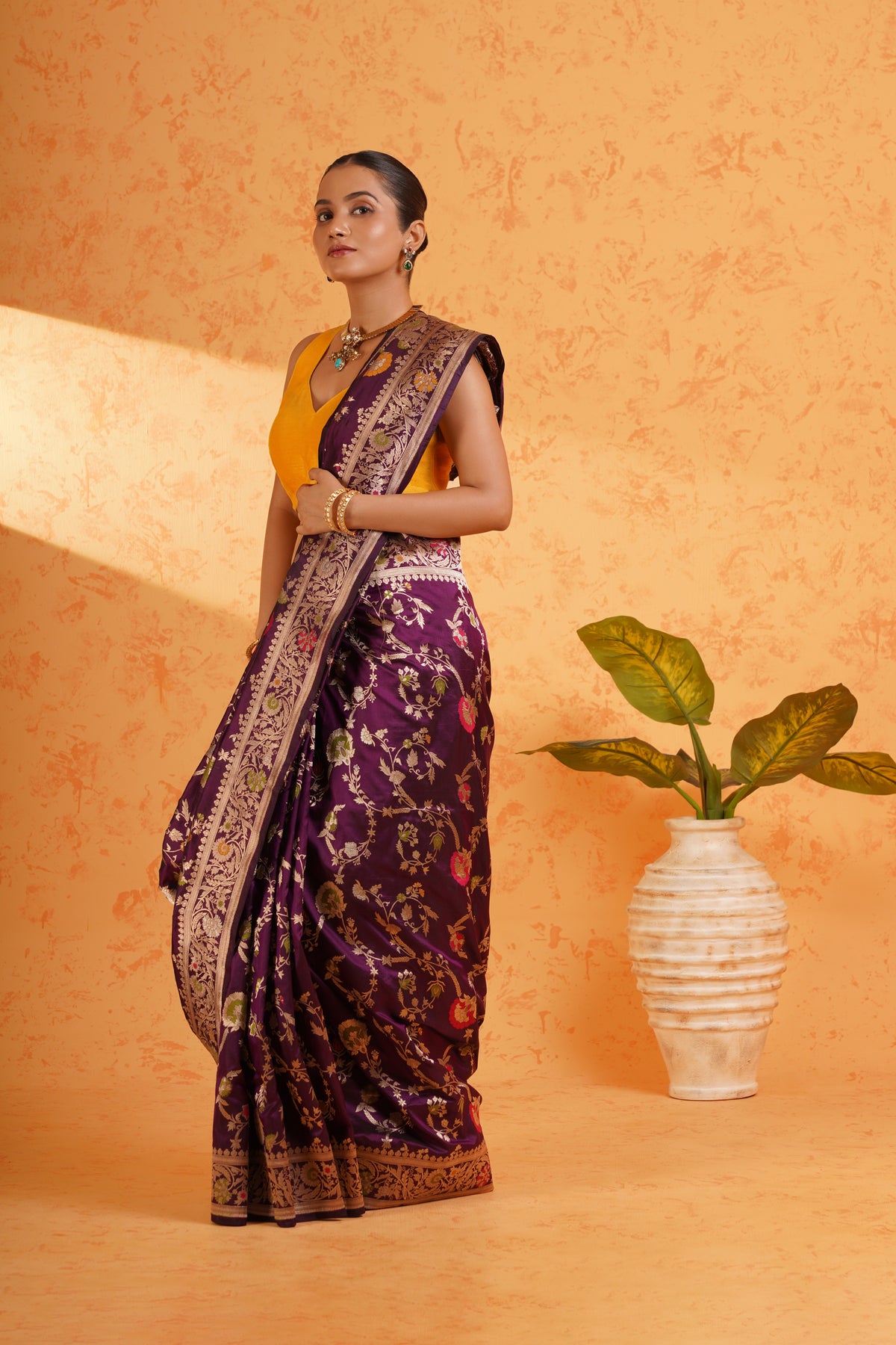 Pure Katan Silk Purple Jungla Meenakari Banarasi Saree – Handwoven Zari Floral Silk with Rich Brocade Pallu