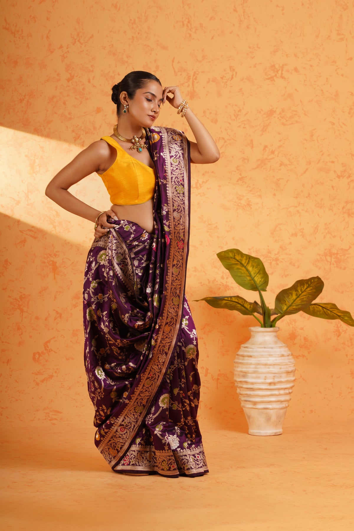 Pure Katan Silk Purple Jungla Meenakari Banarasi Saree – Handwoven Zari Floral Silk with Rich Brocade Pallu