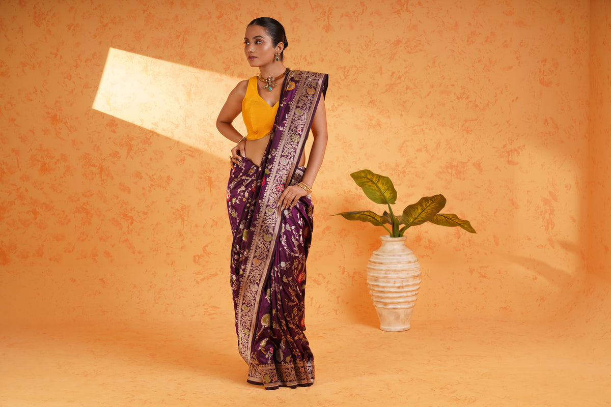 Pure Katan Silk Purple Jungla Meenakari Banarasi Saree – Handwoven Zari Floral Silk with Rich Brocade Pallu